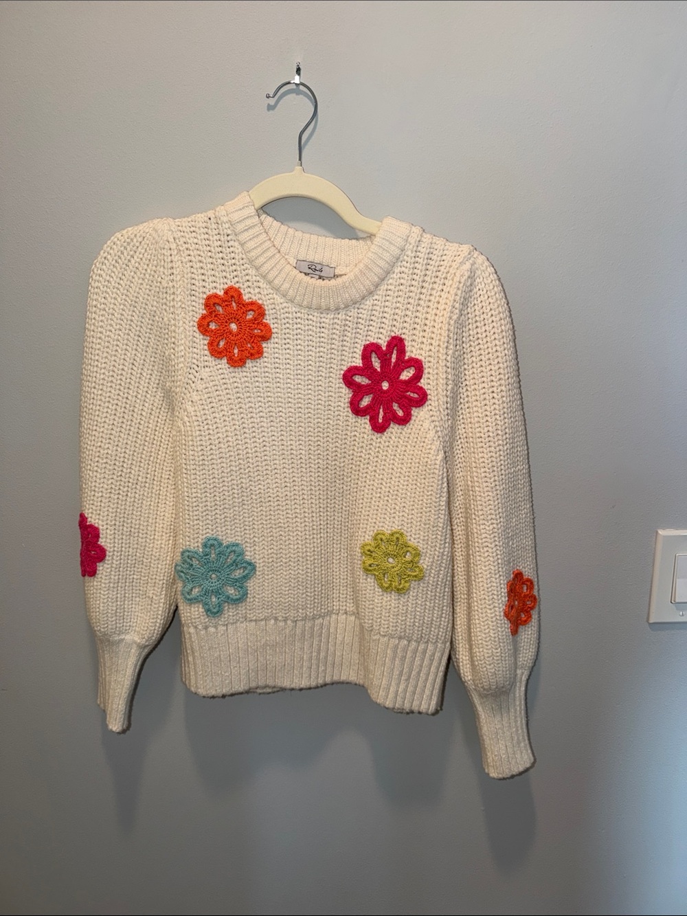 Rails Cream Crewneck Sweater with Multicolor Floral Appliqués